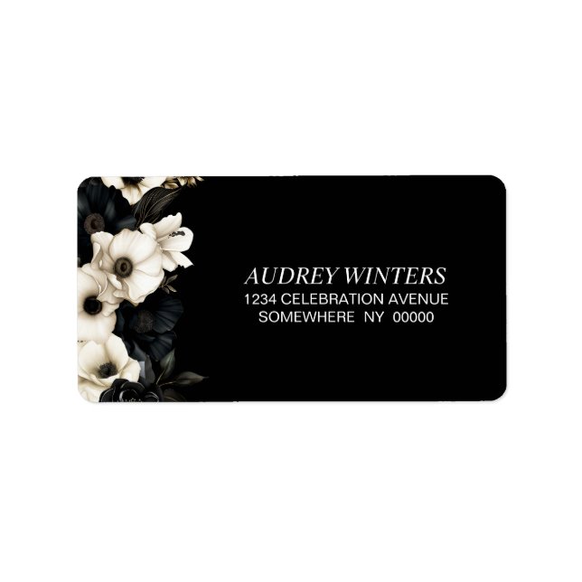 Étiquette d'adresse de retour florale noire et bla (Devant)
