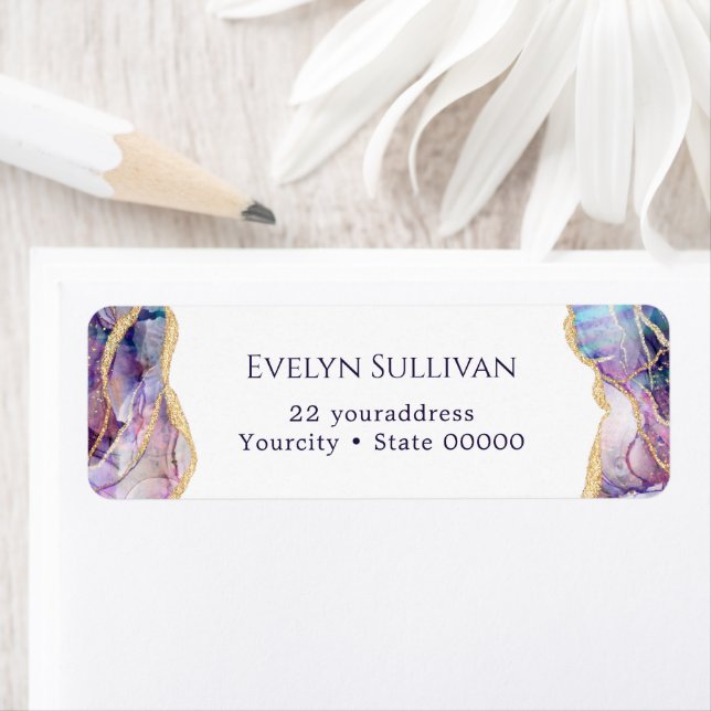 Étiquette d'adresse de retour opale violet (En situation)