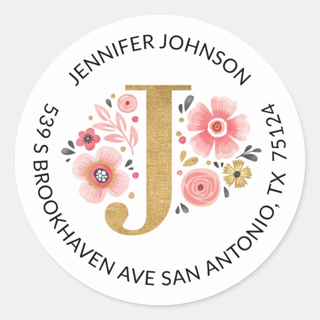 Étiquette d'adresse de retour or Monogramme rose F (Devant)