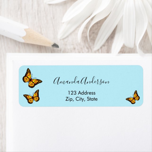 Étiquette d'adresse de retour papillon or turquois (En situation)