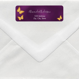 Étiquette d'adresse de retour papillon violet or