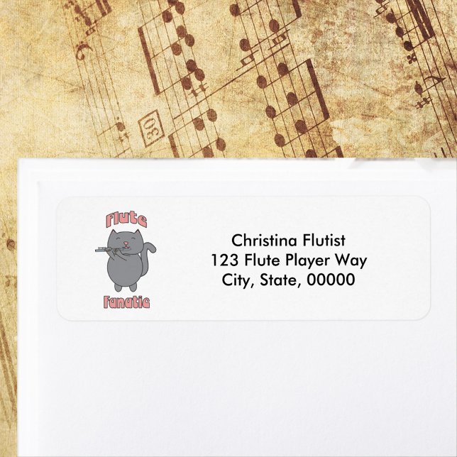 Étiquette d'adresse de retour personnalisée Chat d (A return address label featuring a cat playing the flute and the words Flute Fanatic.)