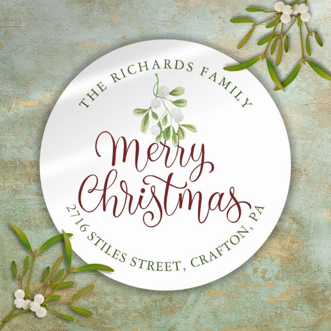 Étiquette d'adresse de retour pour un Noël joyeux  (Mistletoe Merry Christmas Return Address Classic Round Sticker)