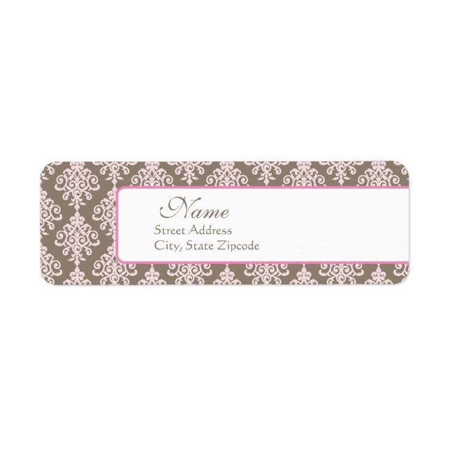 Étiquette d'adresse de retour rose et Brown Damas (Devant)