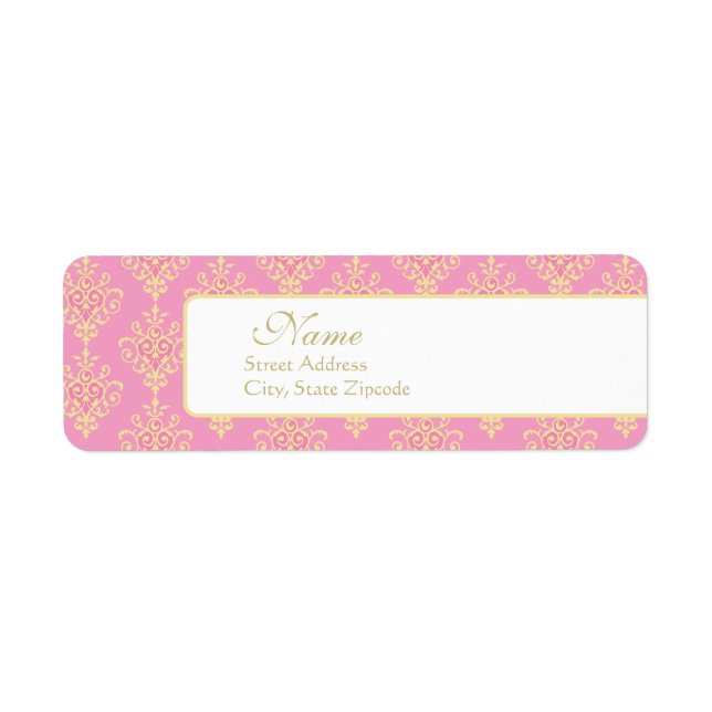 Étiquette d'adresse de retour rose et or Damas (Devant)