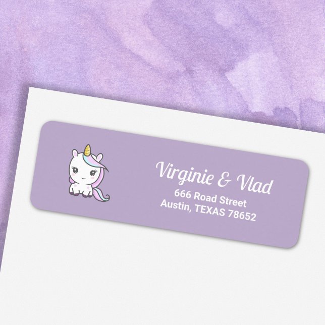 Étiquette d'adresse de retour violet avec une lico (Purple return address label with a Cute Unicorn)