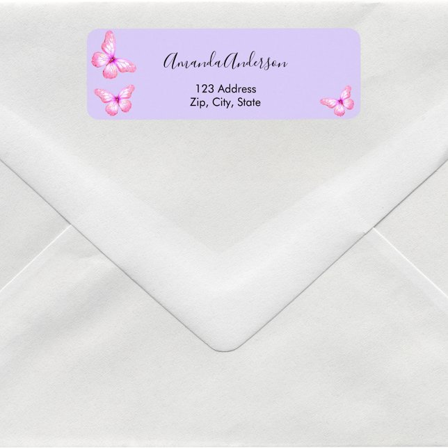 Étiquette d'adresse de retour violet papillon rose (Créateur téléchargé)