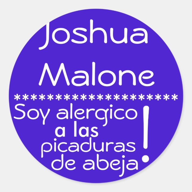 Étiquette d'allergie à la piqûre d'abeille (Devant)