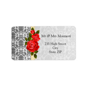 Étiquette Damask noir gris, roses rouges Adresse de retour L