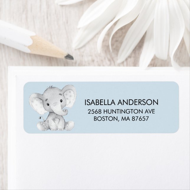 Étiquette de adresse Baby shower Blue Elephant (En situation)