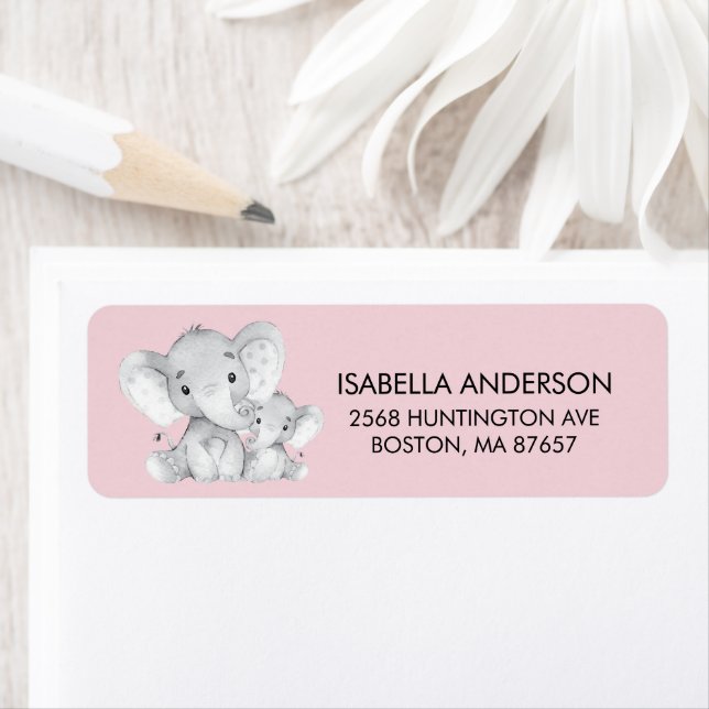 Étiquette de adresse Baby shower rose éléphant (En situation)