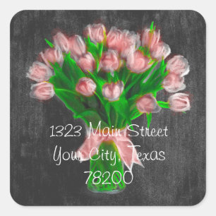 Étiquette de adresse Chalkboard Coral Pink Tulips