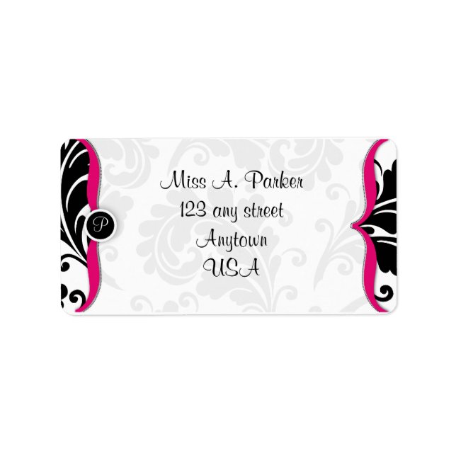 Étiquette de adresse chaud rose et noir damassé (Devant)