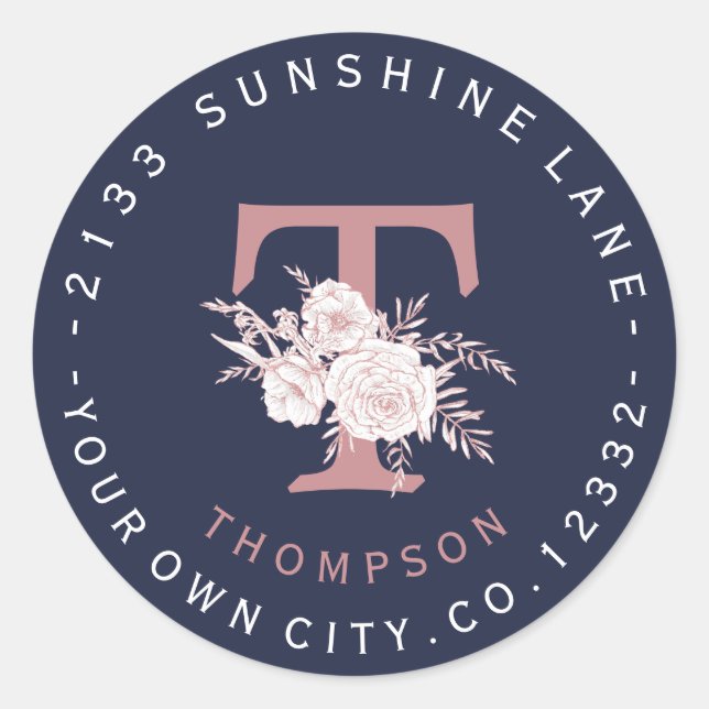 Étiquette de adresse circulaire de Monogramme flor (Devant)