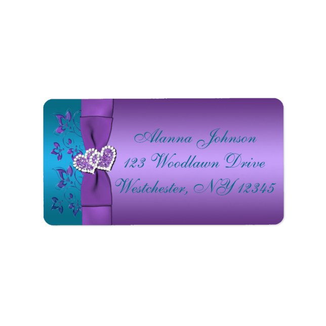 Étiquette de adresse de coeur Turquoise et violet (Devant)