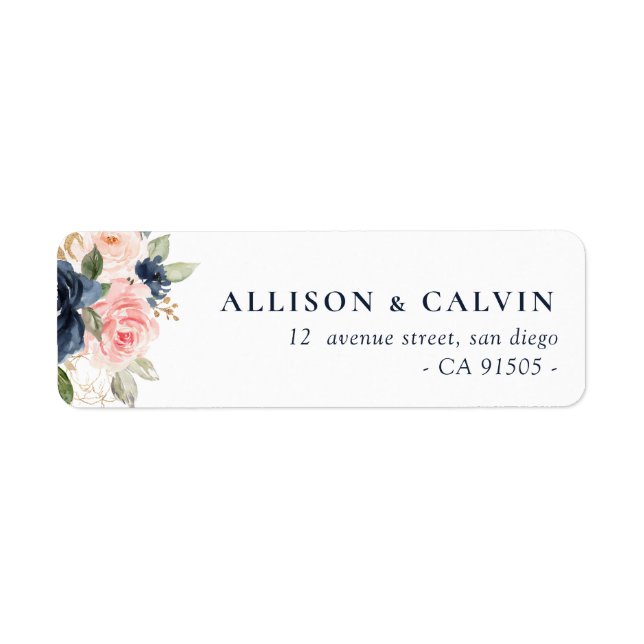 Étiquette de adresse de mariage floral bleu marine (Devant)