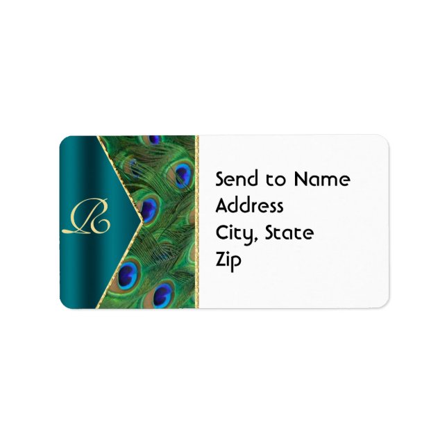 Étiquette de adresse de monogramme Peacock turquoi (Devant)