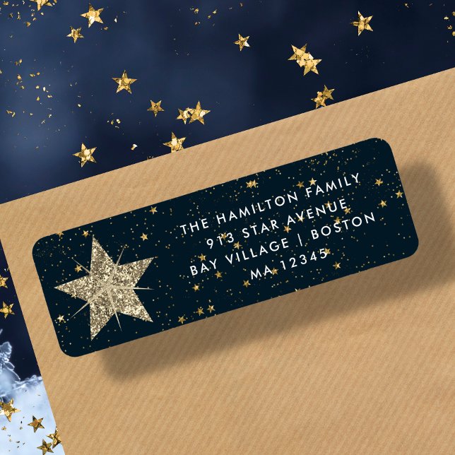 Étiquette de adresse de Noël Blue & Gold Star (Créateur téléchargé)