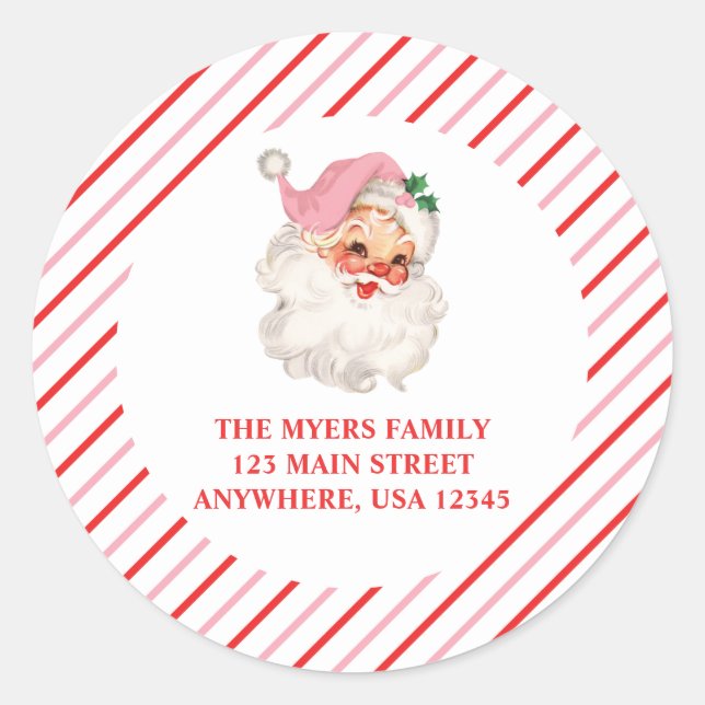 Étiquette de adresse de Noël Retro Pink Père Noël (Devant)