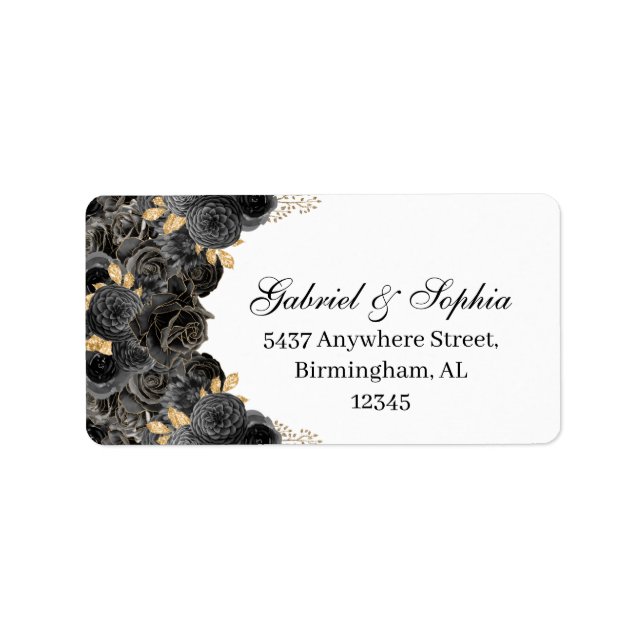 Étiquette de adresse floral noir et or (Devant)