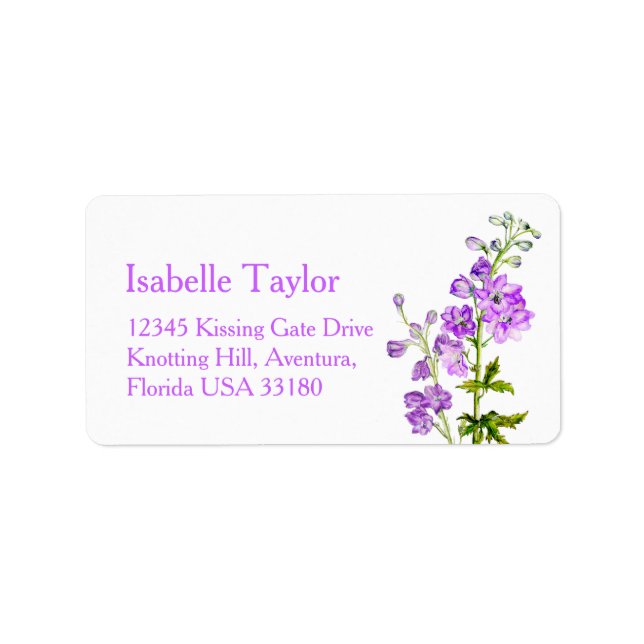 Étiquette de adresse mariage Delphinium peint viol (Devant)