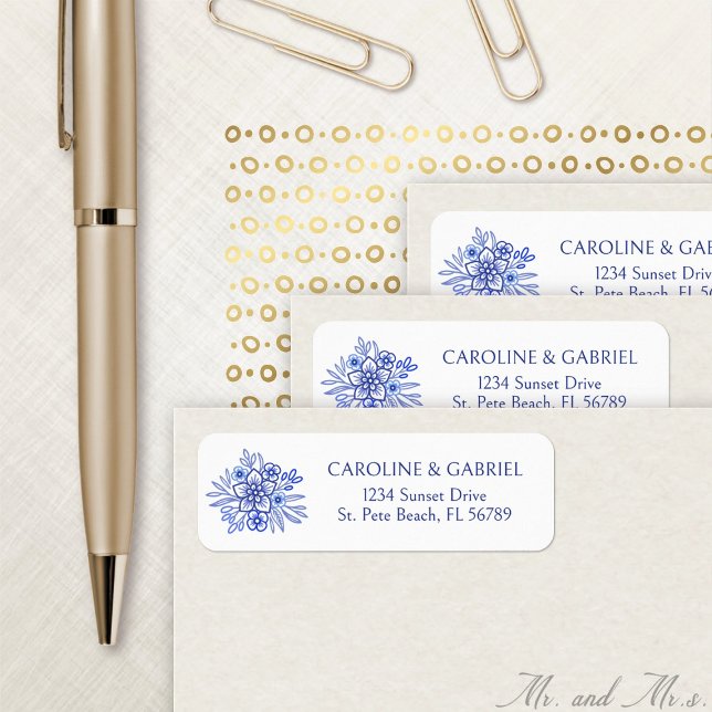 Étiquette de adresse Mariage Floral bleu français (Créateur téléchargé)