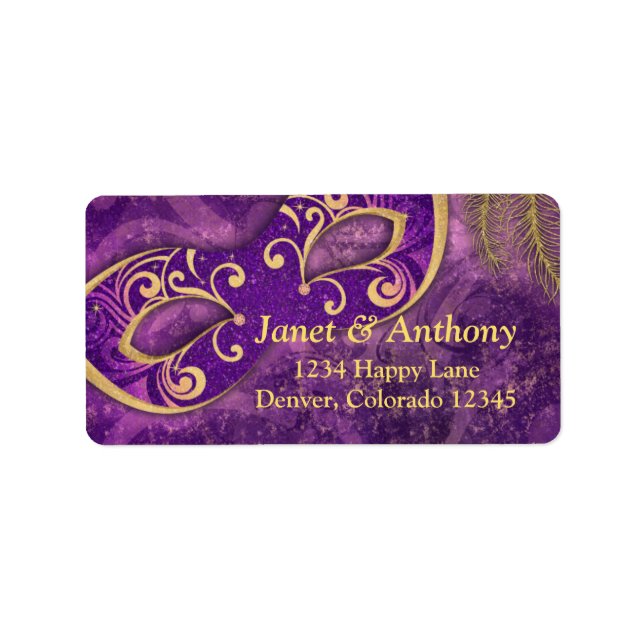 Étiquette de adresse Mariage masquade violet or (Devant)