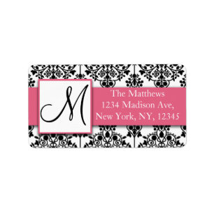 Étiquette de adresse noir blanc floral Damask rose