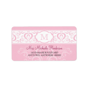Étiquette de adresse rose de monogramme de damass