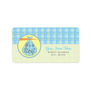 Étiquette de baby shower - cigogne bleue de plaid