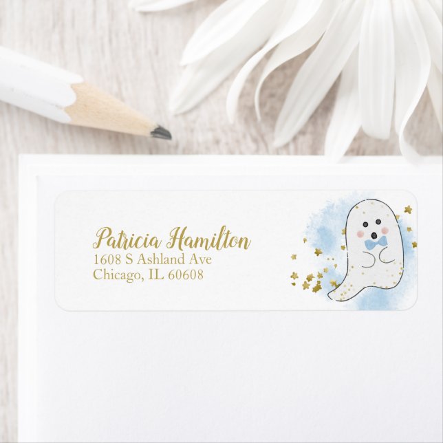 Étiquette de Baby Shower Halloween pour Bébé Fantô (En situation)