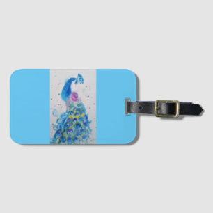 Étiquette de bagage à aquarelle d'oiseau paon bleu