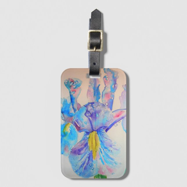 Étiquette de bagage à fleurs d'iris bleu aquarelle (Devant Vertical)