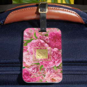 Étiquette de bagage à monogramme floral rose et ve