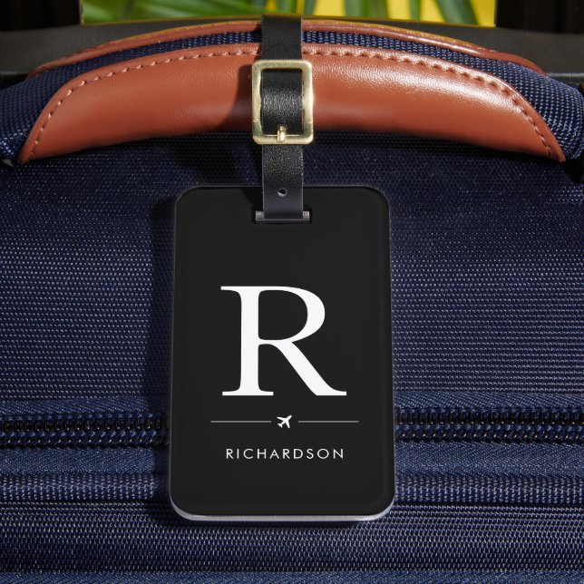 Étiquette de bagage élégante à monogramme noir (Insitu Rectoal 2)