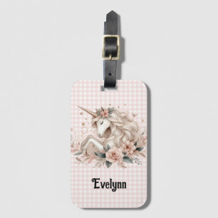 Étiquette de bagage licorne à carreaux roses flora