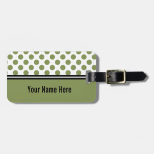 Étiquette de bagage vert olive à pois blancs
