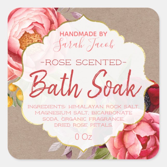 Étiquette de bain floral Kraft personnalisable (Devant)