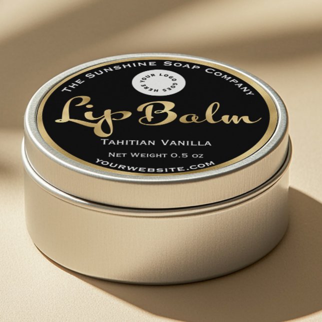 Étiquette de baume à lèvres noir et or avec logo. (Créateur téléchargé)