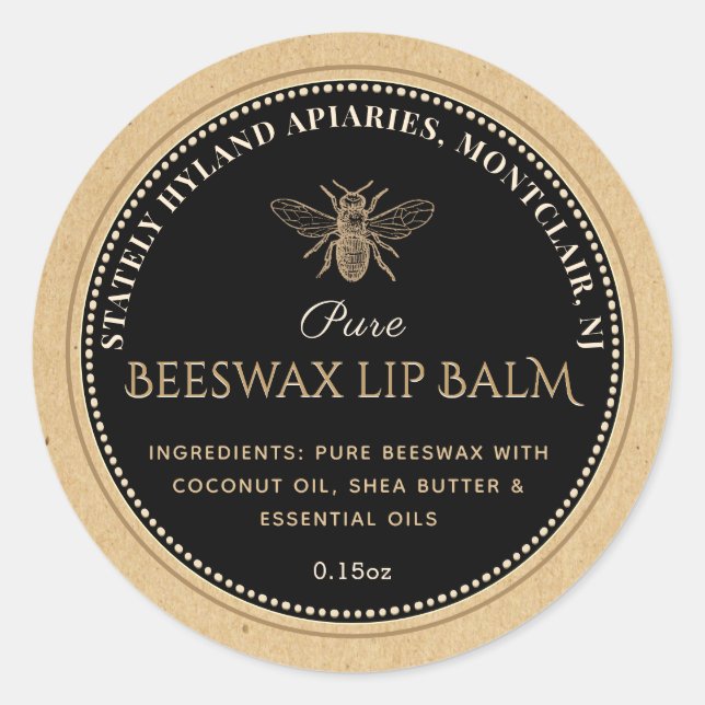 Étiquette de baume à lèvres NOIR SUR KRAFT Beeswax (Devant)