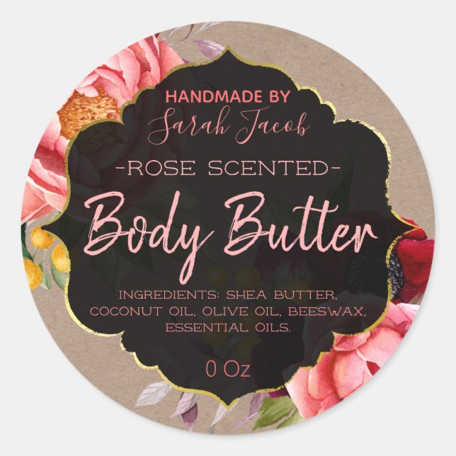 Étiquette de Beurre Floral Kraft personnalisable (Devant)