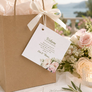 Étiquette de bienvenue de mariage aux pivoines ros