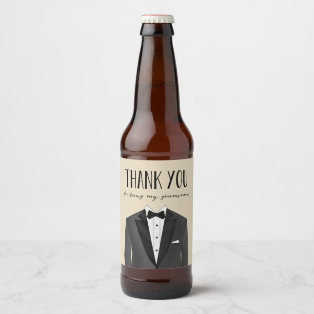 Étiquette de bière Tuxedo Merci Groomsman (Devant)