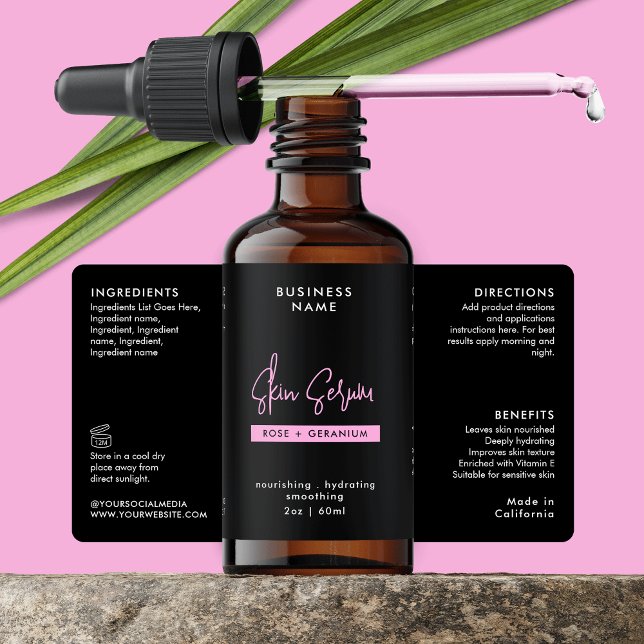 Étiquette de bouteille à goutte 2 OZ Black & Pink  (Trendy Black & Pink Dropper Bottle Wraparound Label Design)