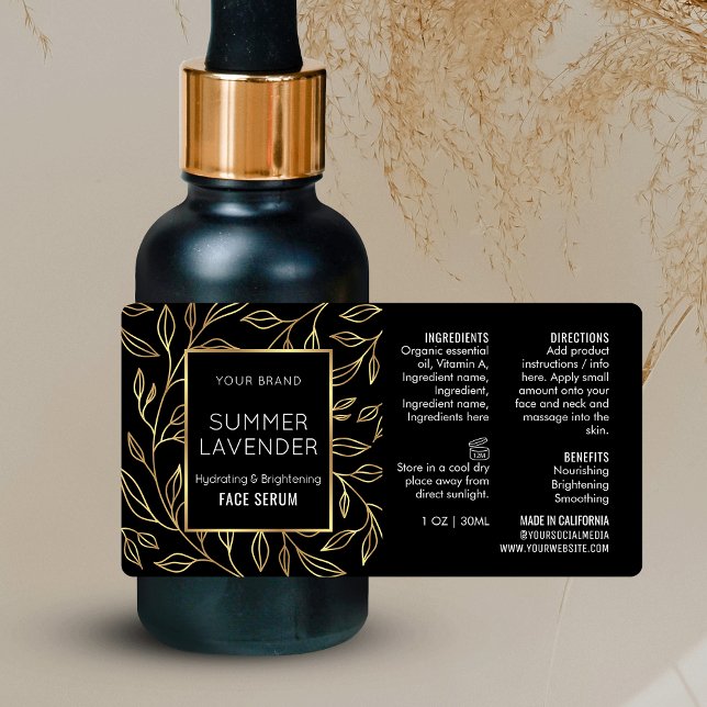 Étiquette de bouteille cosmétique Black & Gold Flo (Elegant black and gold floral design small cosmetic bottle label)