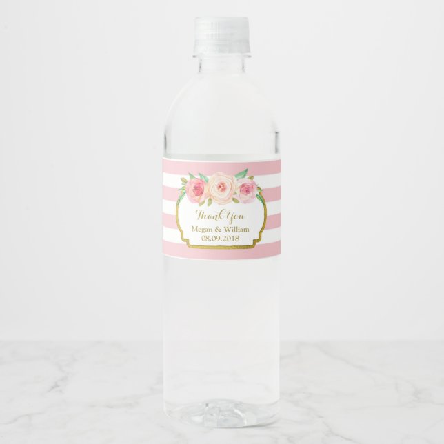 Étiquette de bouteille d'eau d'or fleuri rose clai (Devant)