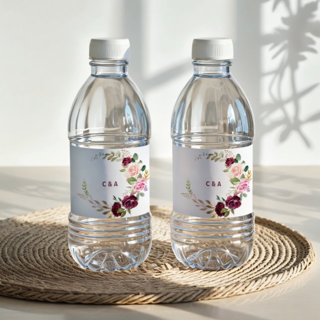 Étiquette de bouteille d'eau florale Burgundy vert (Créateur téléchargé)
