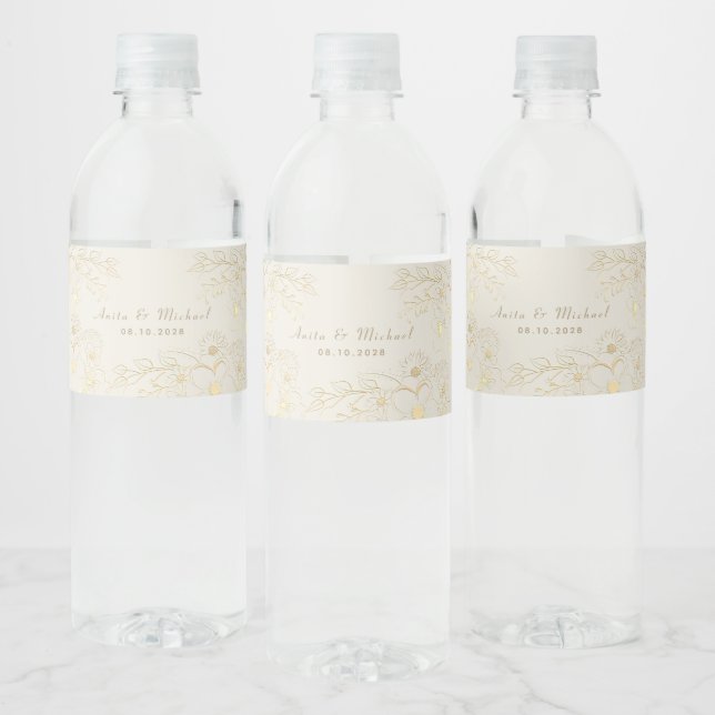 Étiquette de bouteille d'eau Mariage Gold Floral (Bouteilles)