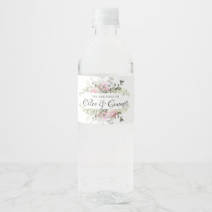 Étiquette de bouteille d'eau Mariage rose botaniqu