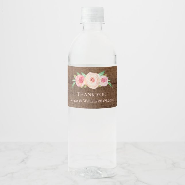Étiquette de bouteille d'eau rose bois rustique (Devant)